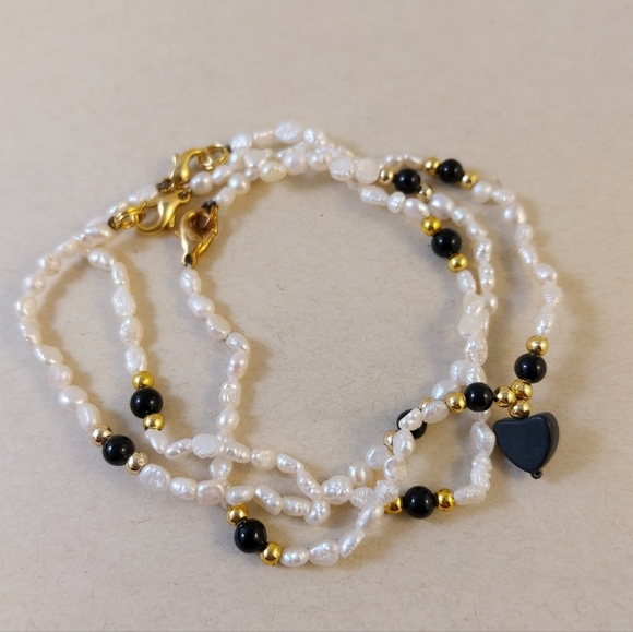 Jewelry - Chic Freshwater Pearl and Black Bead Bracelets with Gold Accents